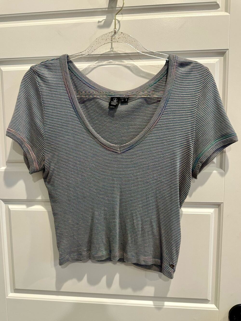 Volcom Small True To This Stripe Stretch Fitted V-neck crop Baby Tee Y2K Retro
